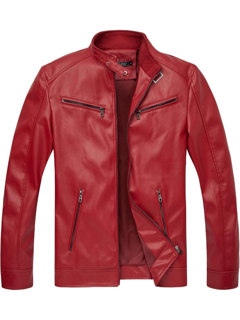Men’s Red Faux Leather Motorcycle Jacket Stand Collar Lightweight Biker Coat